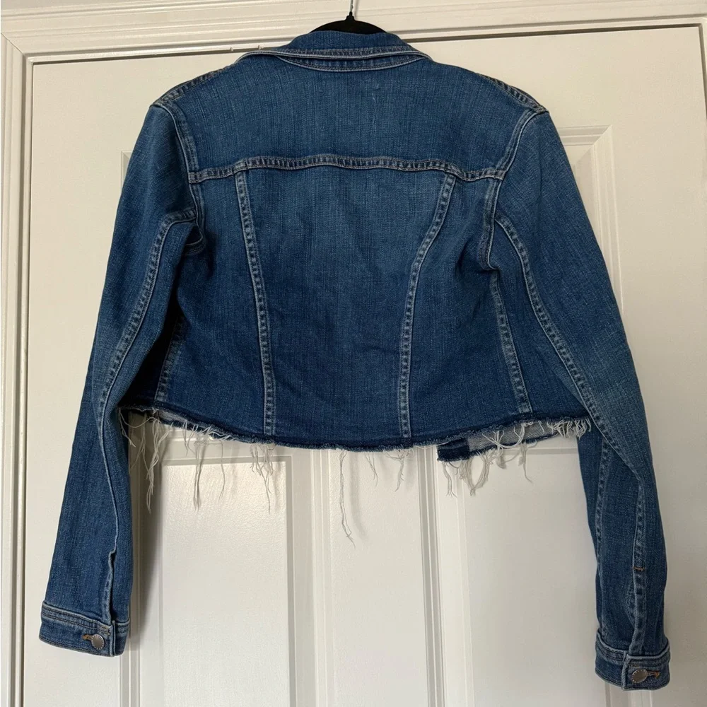 L’AGENCE Zuma Cropped dark blue jean Denim Jacket S Raw Edge Button Front - Picture 3 of 6